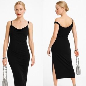 Draped Black Midi Dress Size 14 Minimalist Red Carpet Old Money Glam Stretch